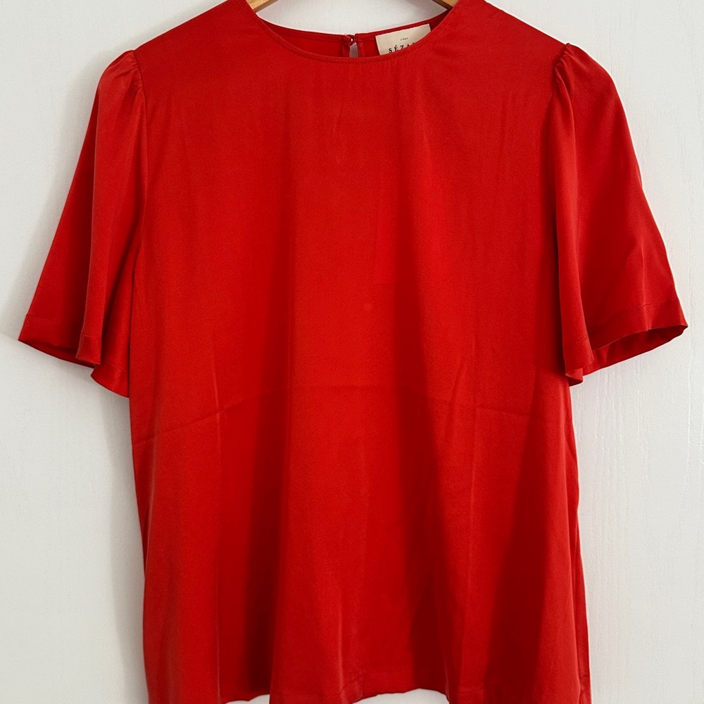 Sézane Red Silk Short Sleeve Blouse Size 36 NWT